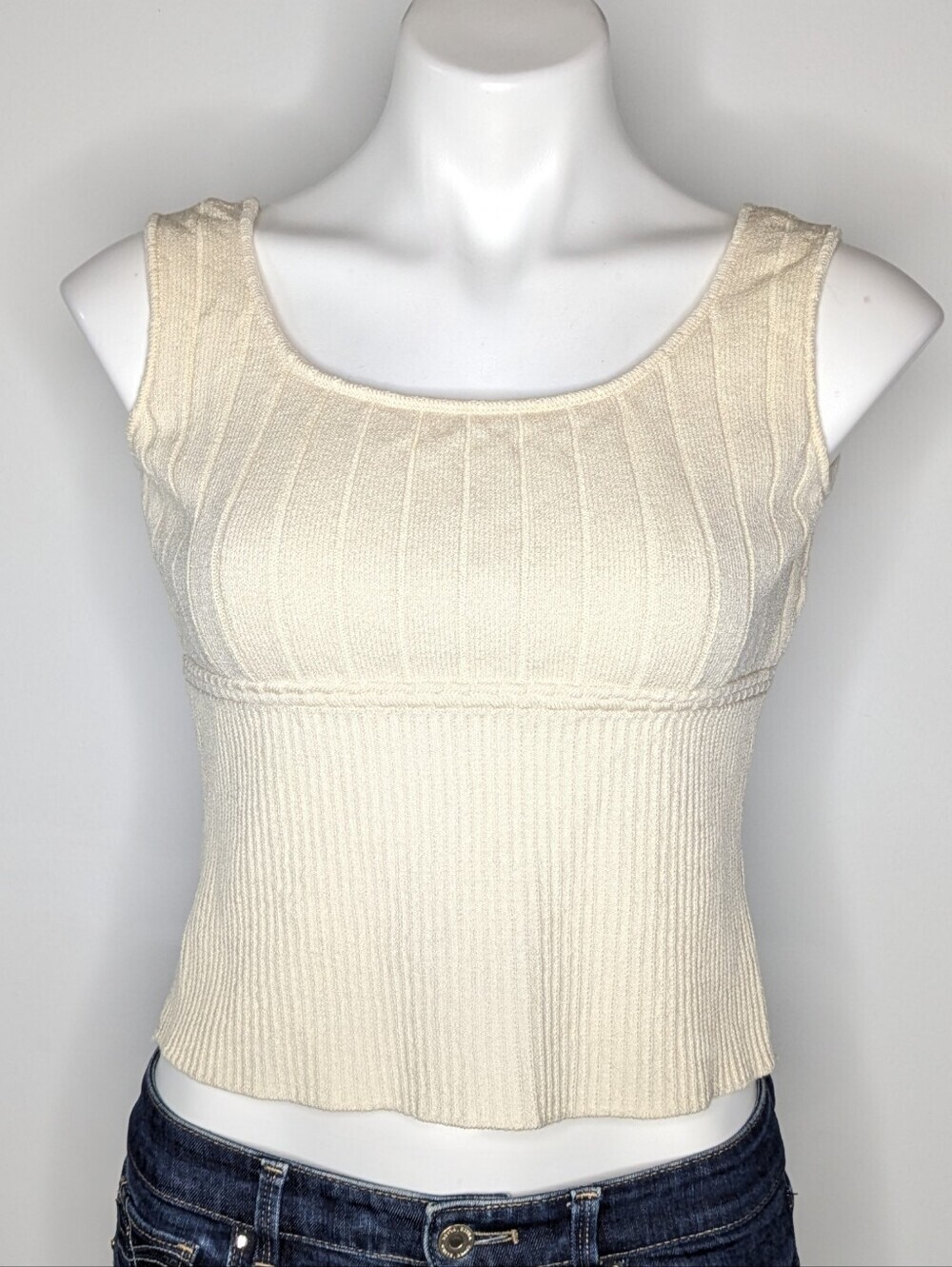 St John Cream Ribbed Semi Cropped Knit Casual Capsule Closet Tank Top S